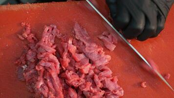 Freshly Chopped Raw Meat Placed Neatly on a Cutting Board Ready for Use video