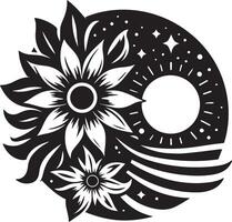 A black and white sunflower and moon in the middle of a circle vector