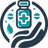 A hand holding a bottle of medicine and a drop of water vector