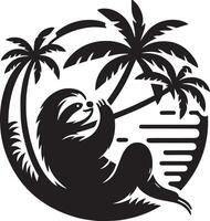 Sloth with palm trees and a coconut on a beach vector