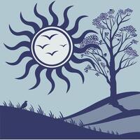 A tree and sun with birds on the hill vector