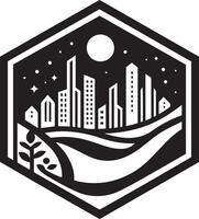 A black and white cityscape with trees and a moon vector