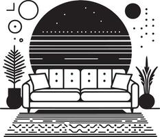 Modern sofa with plants and a sun in the background vector