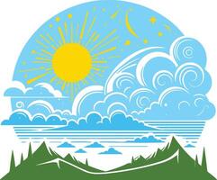 The sun and clouds are in the sky over the mountains vector