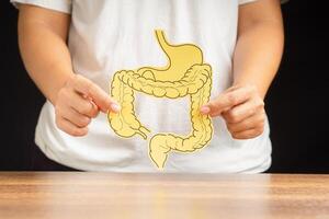 Hand holding a large intestine shape made from paper while standing over a black background photo