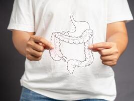 Hand holding a large intestine shape made from paper while standing over a gray background photo