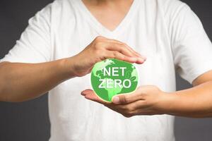 The earth icon with the letters Net-zero on the palm while standing on a gray background photo