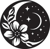 A black and white moon and flower in a circle vector