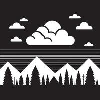 A black and white illustration of a mountain range with trees and clouds vector