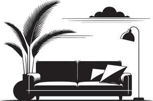 Black and white illustration of a sofa and palm tree vector