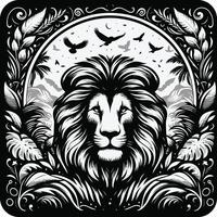 Lion head in the jungle with birds and plants vector
