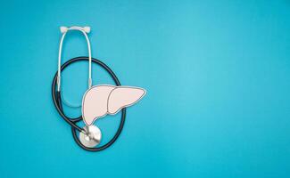 A stethoscope and liver shape made of paper are over a blue background photo