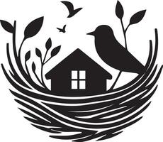 Bird nest with house and bird illustration vector
