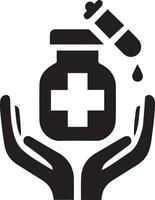A black and white icon of a bottle with a medicine and a syringe vector