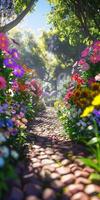 Enchanting Garden Pathway with Vibrant Flowers and Lush Greenery on a Sunny Day photo