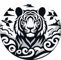 A tiger is in the middle of a circle with clouds and trees vector