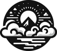 A black and white illustration of a mountain and clouds vector