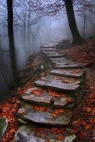 A stone staircase with leaves on it photo