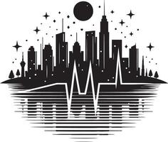 A city skyline with a heartbeat line and a heart vector