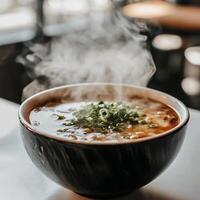 A bowl of soup with steam rising from it photo