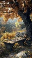 Serene Autumn Scene with Wooden Bench Under a Tree in Sunlit Forest photo