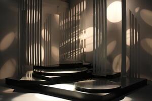 Modern Abstract Interior with Geometric Shapes and Dramatic Lighting photo