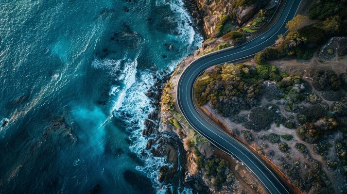 Aerial excitement of a road trip through winding coastal roads