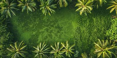 A lush green field with palm trees in the background photo
