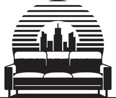 A black and white illustration of a couch with cityscape in the background vector