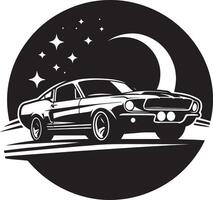 A black and white car with stars and moon in the background vector
