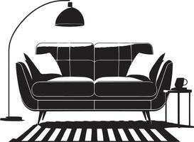 Black and white illustration of a sofa and lamp vector