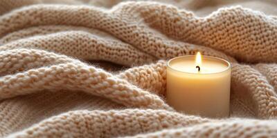 A candle is lit on a blanket photo