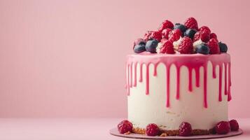 Delicious Berry Topped Cake with Pink Drip Icing on Pastel Background photo