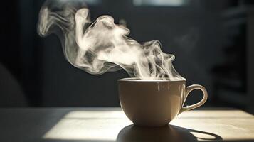 Steaming Cup of Coffee on Wooden Table with Sunlight Streaming photo