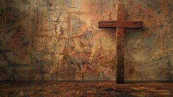 Copy space featuring a wooden cross against a textured background, adding depth photo