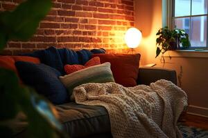 A cozy living room with a couch and a blanket draped over it photo