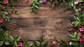 Creatively arranged texture with wood and botanical elements. photo