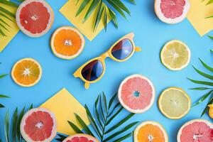 Vibrant Summer Flat Lay with Sunglasses, Citrus Slices, and Tropical Leaves photo