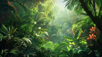 Dense tropical forest with vibrant vegetation. photo