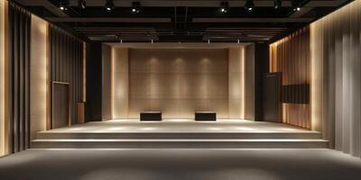 Modern Minimalist Auditorium with Stage Lighting and Wooden Accents photo