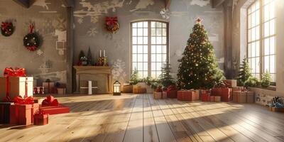 A large Christmas tree sits in the middle of a room with a fireplace photo