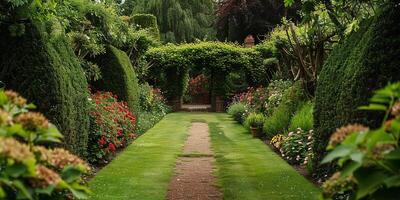 Lush Green Garden Pathway with Vibrant Flowers and Manicured Hedges photo