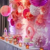 A table with a pink wall behind it and a pink cake on it photo