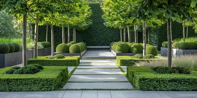 Modern Geometric Garden with Symmetrical Hedges and Trees photo