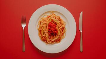 Minimalist dinner scene with a single plate of spaghetti photo