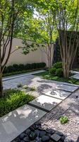 Modern Zen Garden with Stone Pathway and Lush Greenery photo