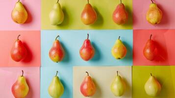 Minimalistic composition of vibrant pears arranged in a geometric pattern photo