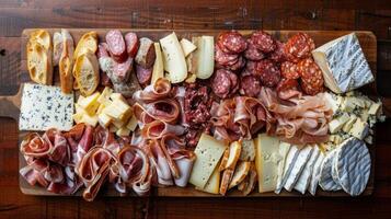 Overhead shot of a charcuterie board with cured meats and artisanal cheeses photo