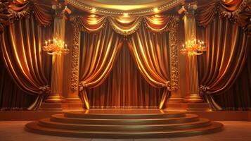 Luxurious Golden Theater Stage with Elegant Drapes and Ornate Chandeliers photo