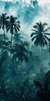 Silhouette of lush rainforest trees at dusk. photo
